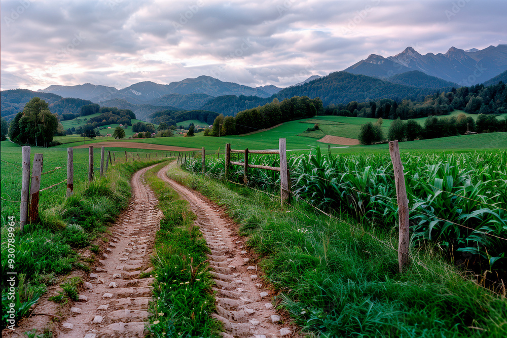 Fototapeta premium A winding path through the green fields of the austrian alps.