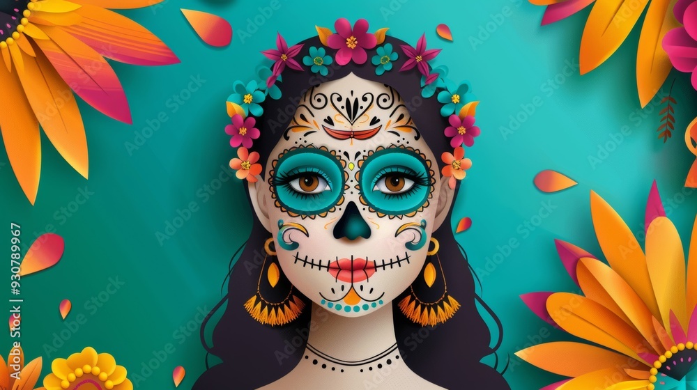 A woman with a skull on her face is surrounded by flowers