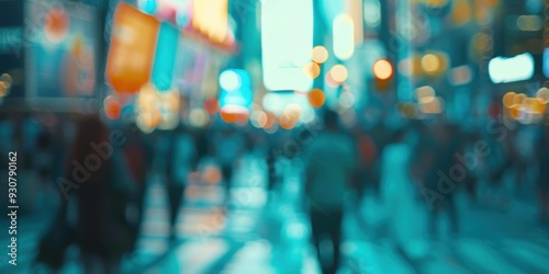 A blurry image of a busy city street with people walking. AI.