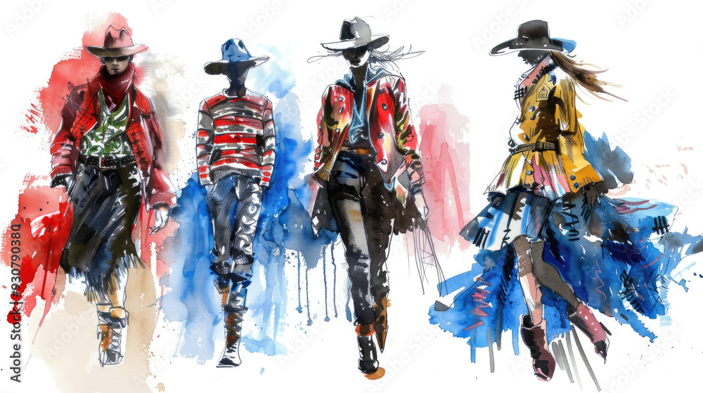 Naklejka premium Stylish models showcase vibrant outfits with striking colors on a runway full of artistic flair