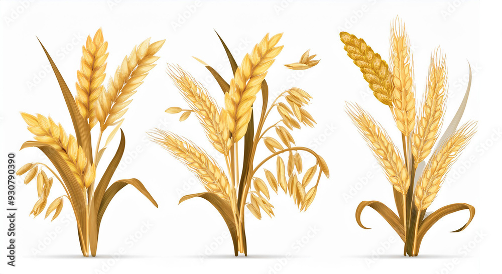 Oats and wheat, rye and barley spikelets and stems. Vector 3d realistic set, cartoon bundle of cereal growing plant with dry texture and seeds. Agriculture and harvesting wholegrain product Oats and wheat, rye and barley spikelets and stems. Vector 3d realistic set, cartoon bundle of cereal growing plant with dry texture and seeds. Agriculture and harvesting wholegrain product