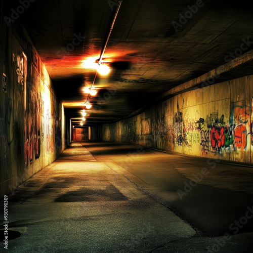 a city underpass illuminated by harsh floodlights, revealing colorful graffiti