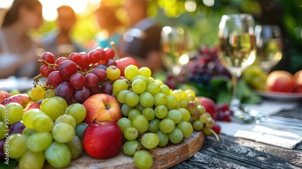 Wooden table laid with fresh fruits in a green garden, with a blurred group of people toasting in the background, highlighting the joys of a summer picnic. Wooden table laid with fresh fruits in a green garden, with a blurred group of people toasting in the background, highlighting the joys of a summer picnic.