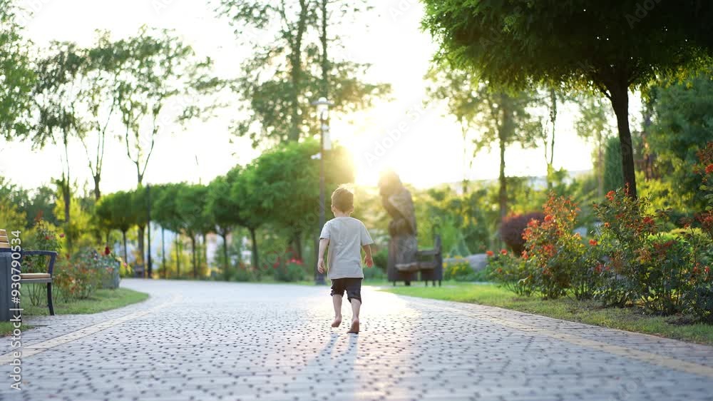 Lovely barefoot little kid runs by the paved alley. Happy time spending in the green park in summer.