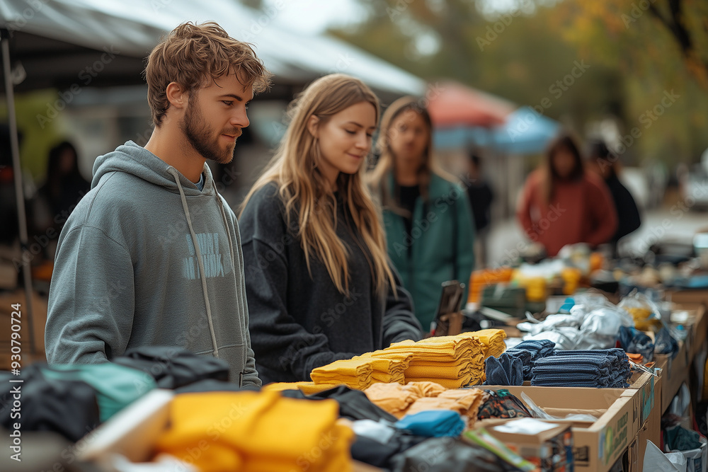 Volunteers organizing a charity garage sale, raising funds by selling donated items from the community.