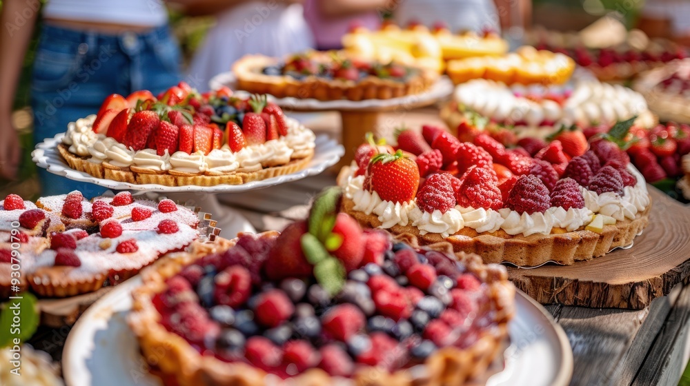 Assorted strawberry pies arranged on white plates on a wooden table.