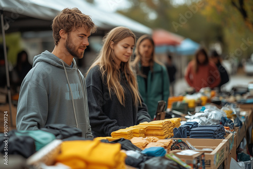 Obraz na płótnie Volunteers organizing a charity garage sale, raising funds by selling donated items from the community. w salonie