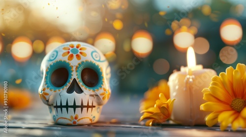 A skull is placed on a table next to a candle and some flowers