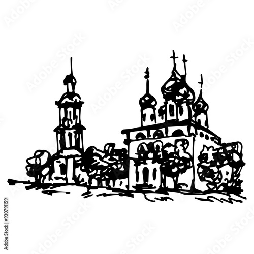 Temple of Transfiguration of the Lord in old Russian town Puchezh. Orthodox temple. Hand drawn linear doodle rough sketch. Black and white silhouette.