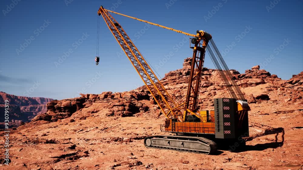 A massive crane sits atop a rugged hillside, showcasing its impressive size against the rocky terrain. A massive crane sits atop a rugged hillside, showcasing its impressive size against the rocky terrain.