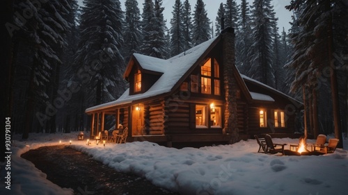 A cozy cabin nestled in the woods, with a fire crackling in the hearth
