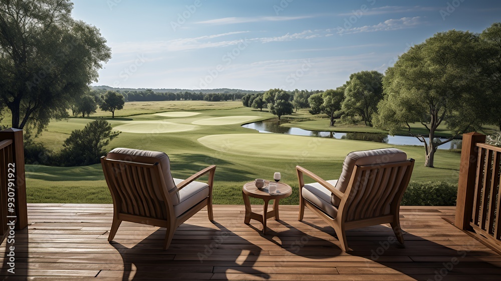 A serene outdoor view from a deck overlooking a golf course and pond. A serene outdoor view from a deck overlooking a golf course and pond.