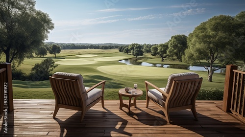 A serene outdoor view from a deck overlooking a golf course and pond.