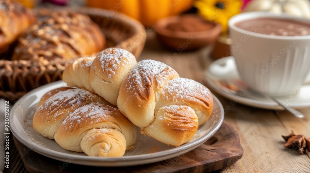 A plate of croissants with powdered sugar on top sits on a wooden table next to A plate of croissants with powdered sugar on top sits on a wooden table next to