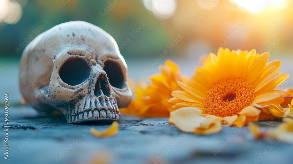 A skull is placed on a stone surface next to a bunch of orange flowers A skull is placed on a stone surface next to a bunch of orange flowers