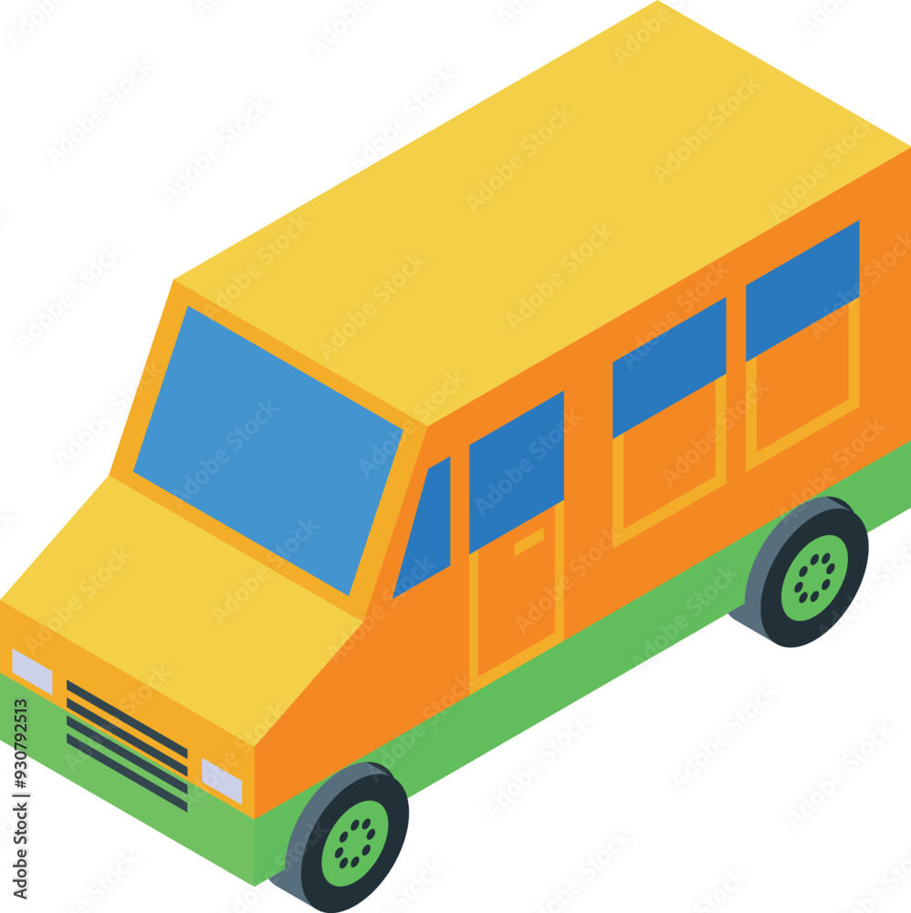 Orange passenger minibus standing still in isometric view isolated on white background Orange passenger minibus standing still in isometric view isolated on white background