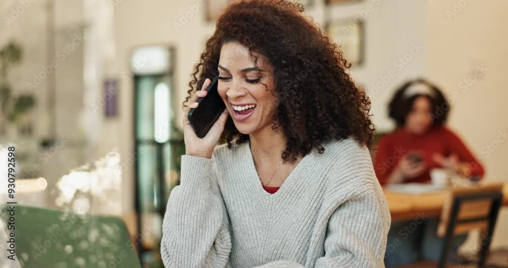 Coffee shop, phone call and happy woman on laptop for remote work, talk or laughing. Hybrid worker, mobile or person in cafe on computer for conversation, feedback or copywriter in negotiation online