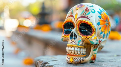 A skull with flowers painted on it is sitting on a ledge