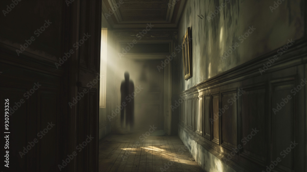 Shadowy figure in dark, eerie, haunted hallway. Shadowy figure in dark, eerie, haunted hallway.