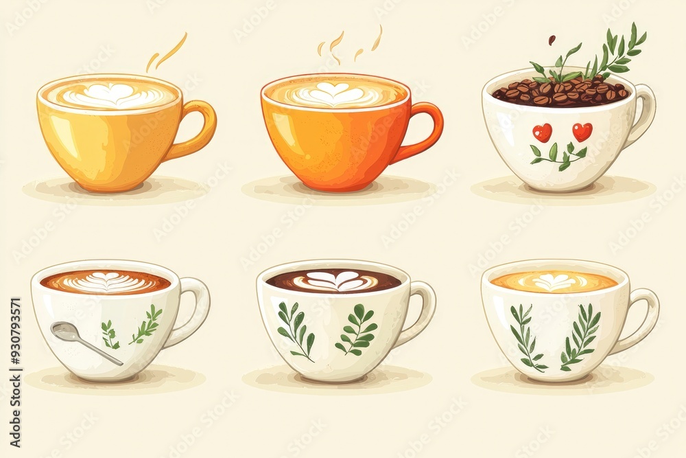 Six Colorful Cups of Coffee with Latte Art Six Colorful Cups of Coffee with Latte Art