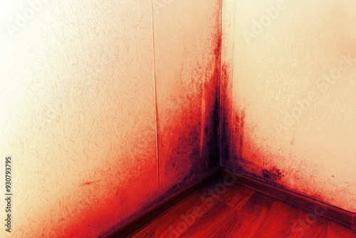 Black red mold in the corner on white non-woven wallpaper, excessive humidity in the apartment, dangerous infection for people. The dew point in the wall. photo