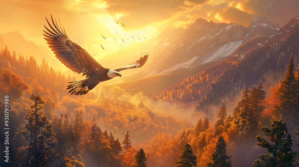 Obraz premium Bald eagle soaring above a misty mountain valley filled with autumn pine trees during a golden sunset.