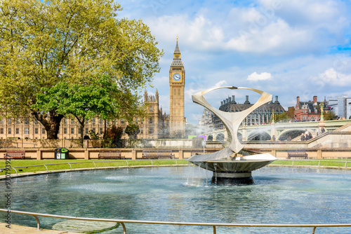 Fountain of St Thomas gardens and Big Ben, London, UK photo