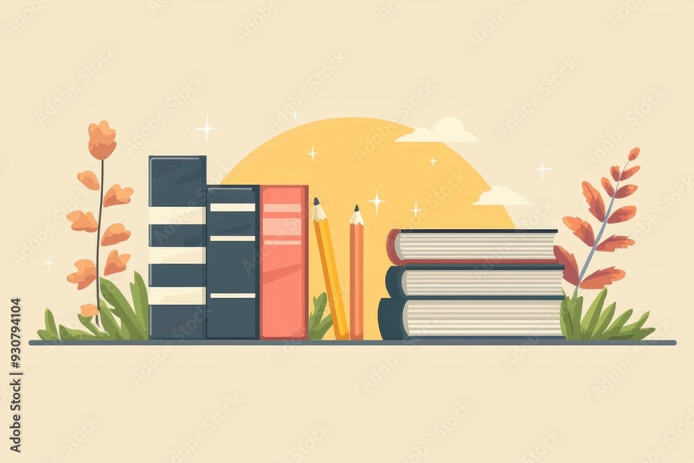 Stack of Books with Pencils and Plants Stack of Books with Pencils and Plants