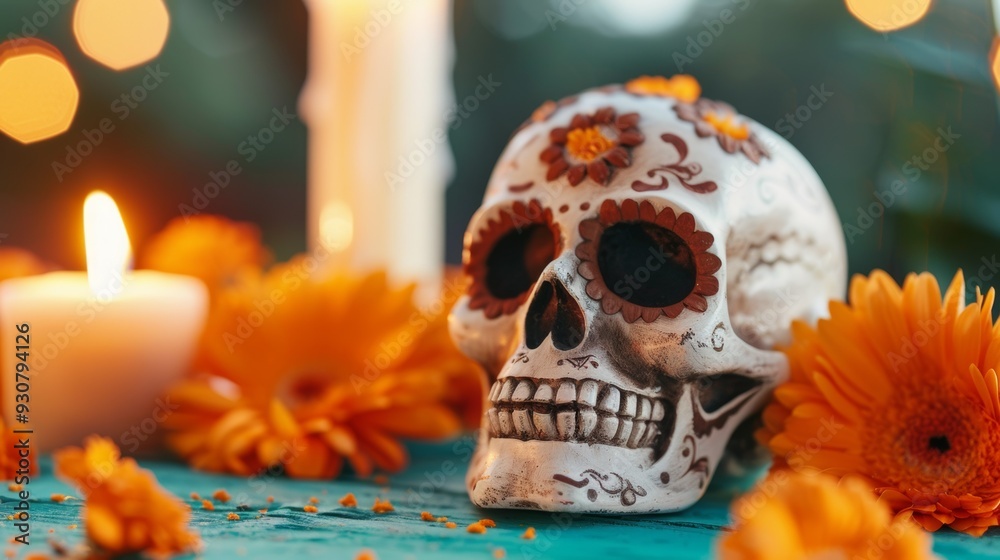 A skull is placed on a table with candles and orange flowers A skull is placed on a table with candles and orange flowers