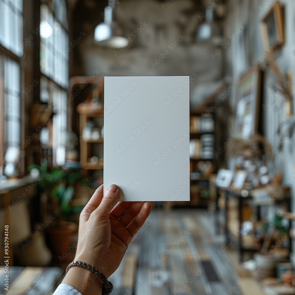Person Holding Blank Paper Mockup in Artistic Studio Interior with Natural Light and Vintage Decor. Person Holding Blank Paper Mockup in Artistic Studio Interior with Natural Light and Vintage Decor.
