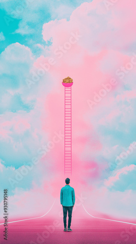 Dreamlike illustration of a man climbing a ladder to a golden crown