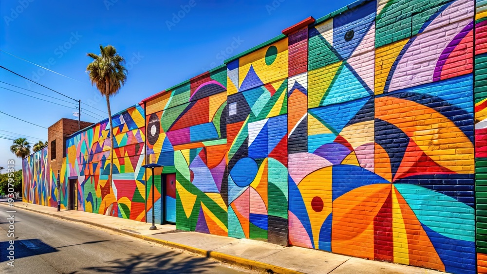 Naklejka premium Vibrant street art mural depicts abstract shapes and bold colors on a worn brick wall in the Crenshaw Boulevard neighborhood of South Los Angeles.