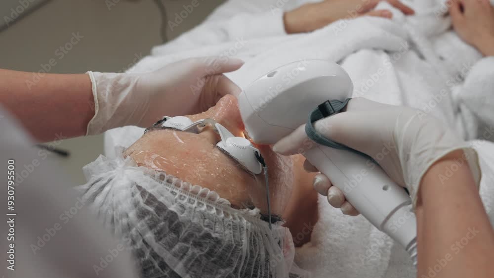 Skin treatment process using a laser device at a clinic