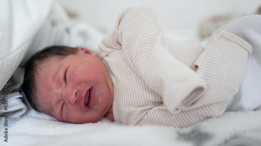 Newborn baby lying in bed, stretching and making a slight grimace, a raw and tender moment of infancy. close-up emphasizes the delicate features and vulnerability of a newborn Newborn baby lying in bed, stretching and making a slight grimace, a raw and tender moment of infancy. close-up emphasizes the delicate features and vulnerability of a newborn