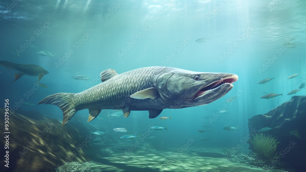 Fototapeta premium Arapaima fish swimming ocean underwater picture