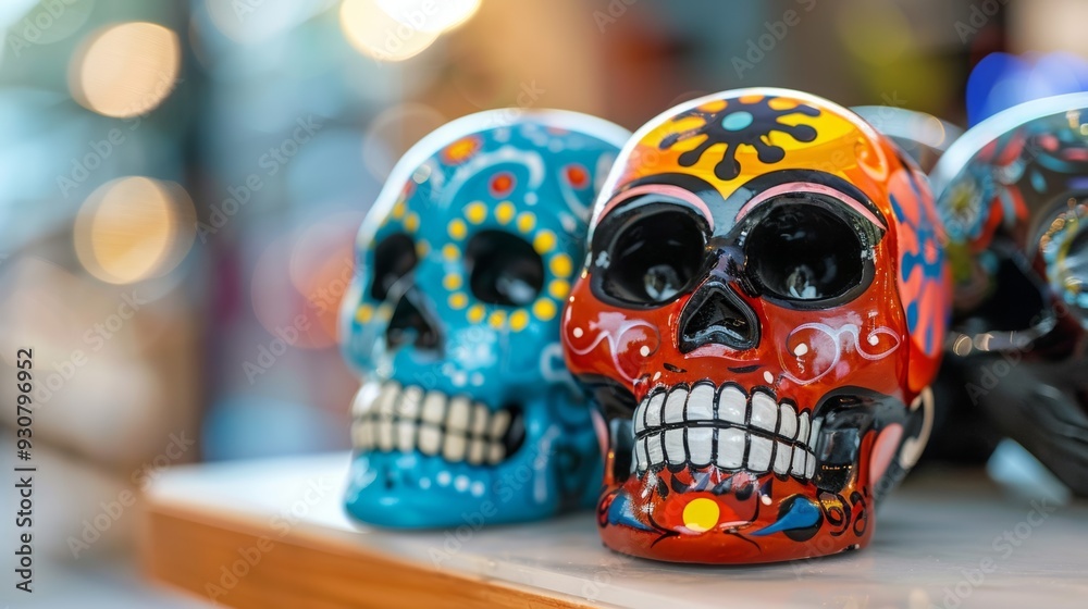 Three skulls with different colors and designs are displayed on a shelf Three skulls with different colors and designs are displayed on a shelf