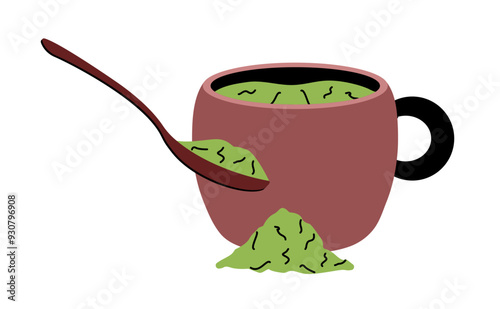 Green matcha latte powder, cup and spoon. Japanese ground tea in a clay mug with a handle. Pour the powder and brew a modern healthy drink. Tableware. Color image. Flat design. Vector illustration
