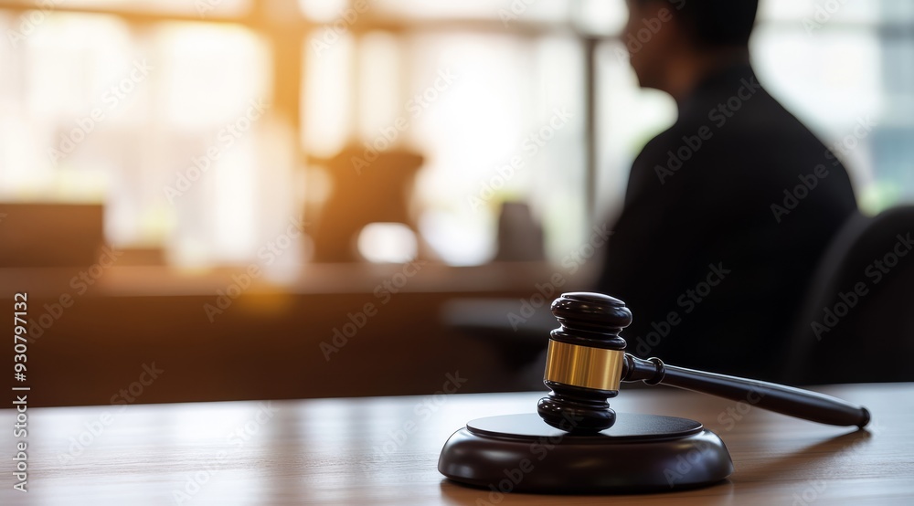 A gavel rests prominently in the center of a courtroom, serving as a powerful symbol of justice and legal authority A gavel rests prominently in the center of a courtroom, serving as a powerful symbol of justice and legal authority