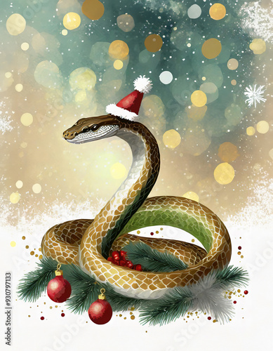 Snake in red Santa Claus Christmas hat with christmas tree and decorations. Chinese lunar 2025 is the year of the snake. Christmas banner. Happy New Year and Merry Christmas.