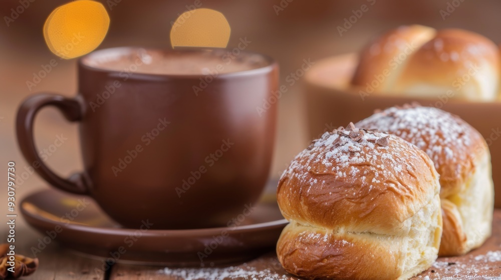 A cup of hot chocolate sits on a brown plate next to two buns covered in sugar