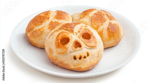 Three bread rolls with skulls on them sit on a white plate