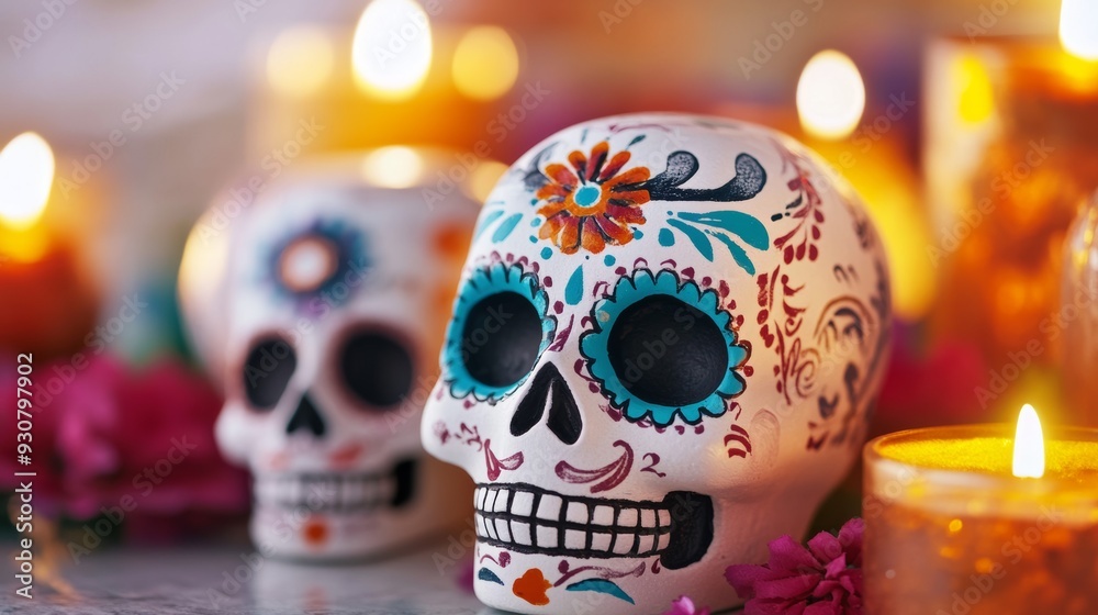 A pair of decorated skulls are sitting on a table next to candles A pair of decorated skulls are sitting on a table next to candles
