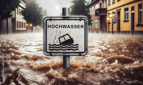 Schild mit dem Text Hochwasser in einer überschwemmten Straße photo