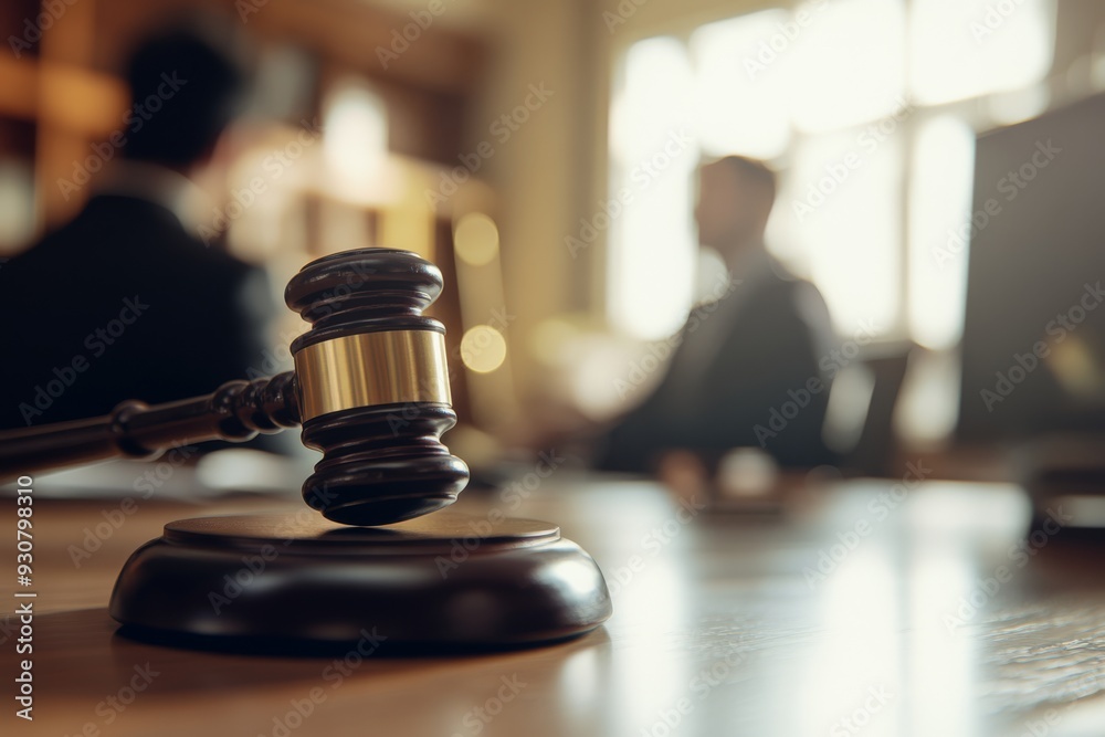 A closeup of a gavel stands out, with blurred courtroom figures in the background, symbolizing justice A closeup of a gavel stands out, with blurred courtroom figures in the background, symbolizing justice