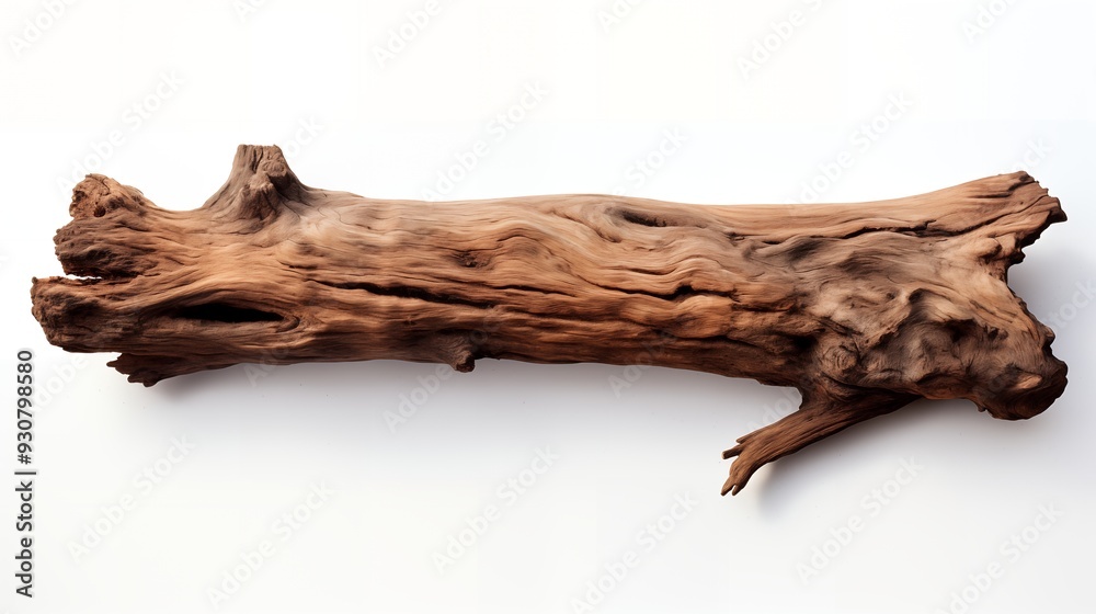 Fototapeta premium Textured brown driftwood log casting a soft shadow on a solid white background.