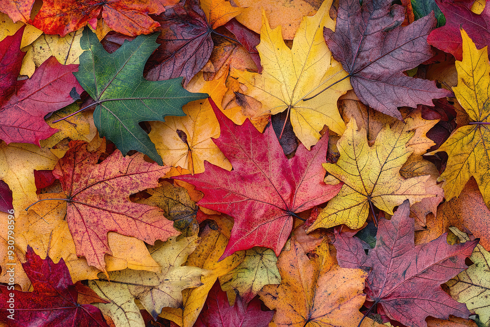 Obraz premium A collection of fallen maple leaves in red, yellow, and orange hues.