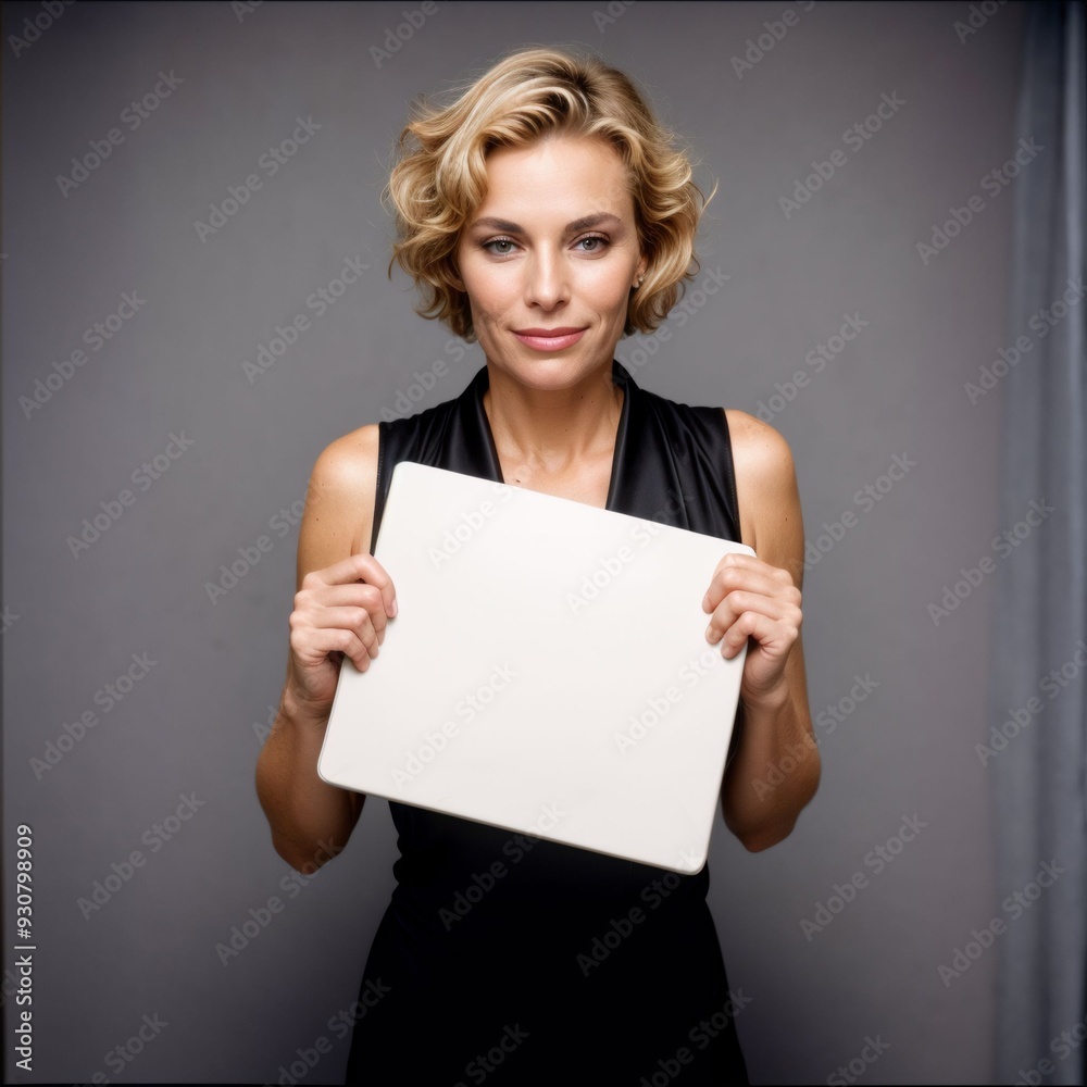 Naklejka premium A blonde woman with short, wavy hair, standing against a plain gray background. She wears a sleeveless, black dress. She holds a large, blank white placard horizontally in front of her.