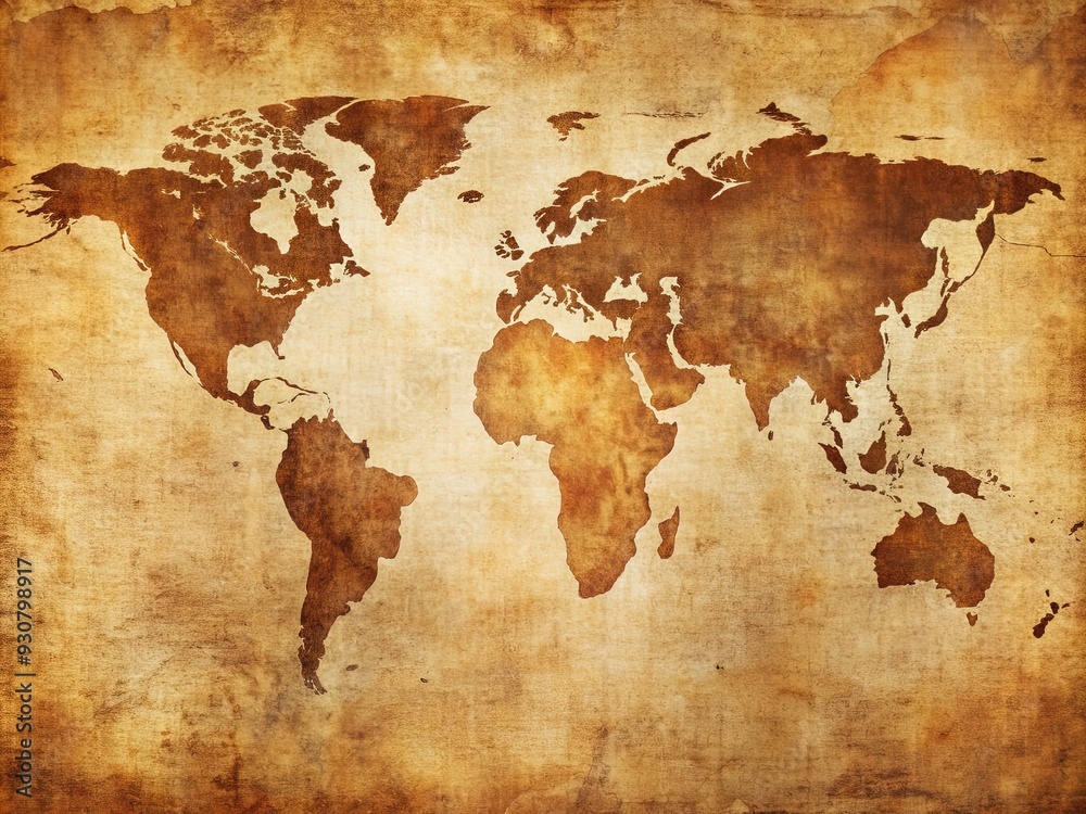 Fototapeta premium Vintage distressed world map on a worn, textured background with faded country borders and aged creases, evoking a sense of adventure and exploration.