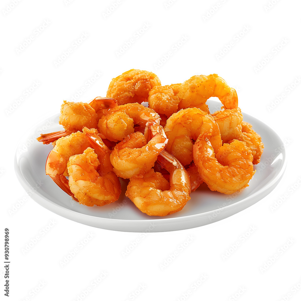 Yummy crunchy fried shrimp presented on a clean white dish, with a clear background Yummy crunchy fried shrimp presented on a clean white dish, with a clear background