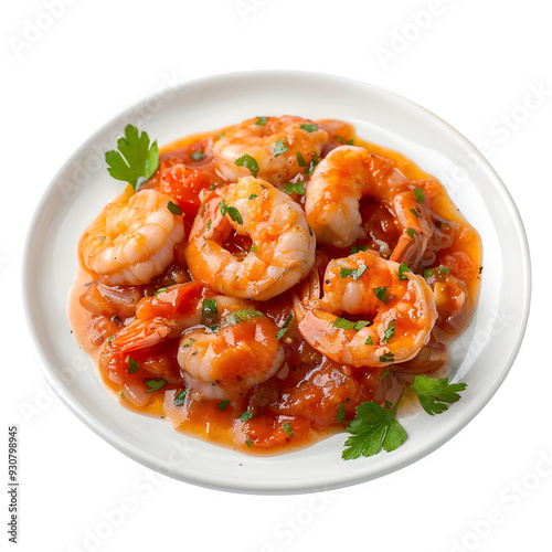 Close-up of a classic angolan shrimp meal in a tasty tomato sauce with herbs